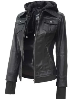 Asal Vision Black Jackets | Hooded Jackets | Women’s Bomber Hooded Leather Jacket In Color Black