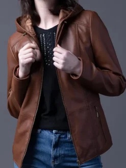 Asal Vision Brown Jackets | Hooded Jackets | Women’s Leather Hooded Fashion Jacket Brown