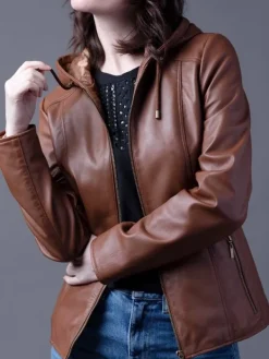 Asal Vision Brown Jackets | Hooded Jackets | Women’s Leather Hooded Fashion Jacket Brown