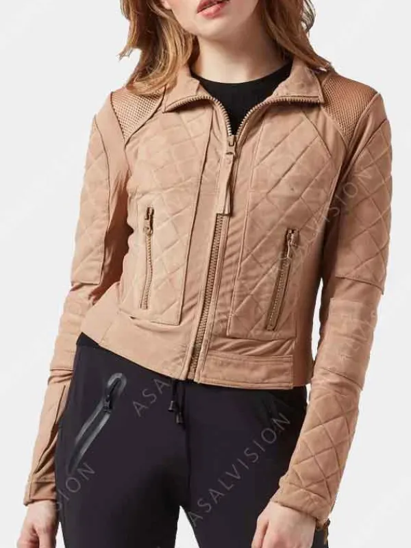 Asal Vision Brown Jackets | Suede Jackets | Womens Diamond Quilted Suede Leather Jacket Light Brown