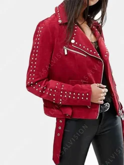 Asal Vision Red Jackets | Suede Jackets | Womens Handmade Studded Suede Leather Jacket Red