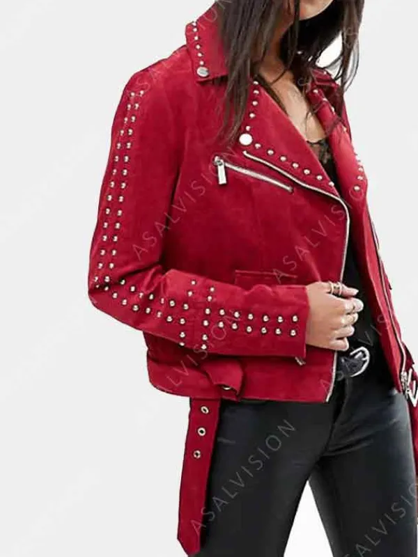 Asal Vision Red Jackets | Suede Jackets | Womens Handmade Studded Suede Leather Jacket Red