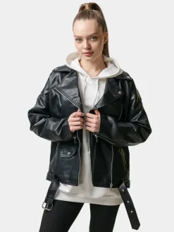 Asal Vision Black Jackets | Biker Jackets | Women’s Oversized Moto Leather Jacket Black
