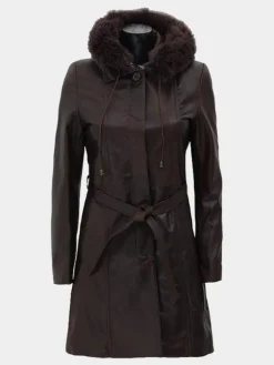 Asal Vision Women Coats | Women’s Prato Hooded Brown Leather Coat Dark Brown