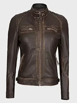 Asal Vision Brown Jackets | Biker Jackets | Womens Quilted Shoulder Leather Biker Jacket Dark Brown