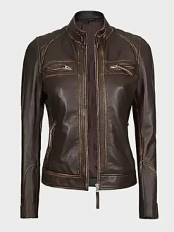 Asal Vision Brown Jackets | Biker Jackets | Womens Quilted Shoulder Leather Biker Jacket Dark Brown
