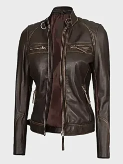 Asal Vision Brown Jackets | Biker Jackets | Womens Quilted Shoulder Leather Biker Jacket Dark Brown