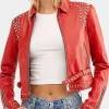 Asal Vision Studded Jackets | Leather Jackets | Womens Cropped Studded Leather Jacket Red