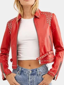 Asal Vision Studded Jackets | Leather Jackets | Womens Cropped Studded Leather Jacket Red