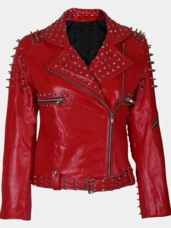 Asal Vision Red Jackets | Studded Jackets | Womens Spike Studded Leather Jacket Red