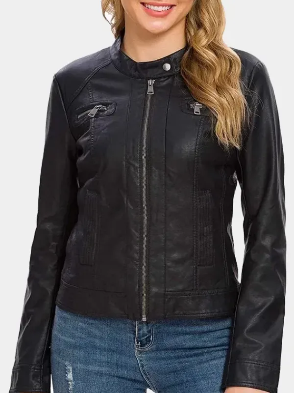 Asal Vision Black Jackets | Leather Jackets | Women’s Snap Tab Collar Lambskin Leather Jacket Black