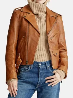 Asal Vision Brown Jackets | Biker Jackets | Womens Geniune Sheepskin Leather Biker Jacket Tan Brown