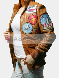 Asal Vision Brown Jackets | Leather Jackets | Womens Top Gun Patches Leather Jacket Brown