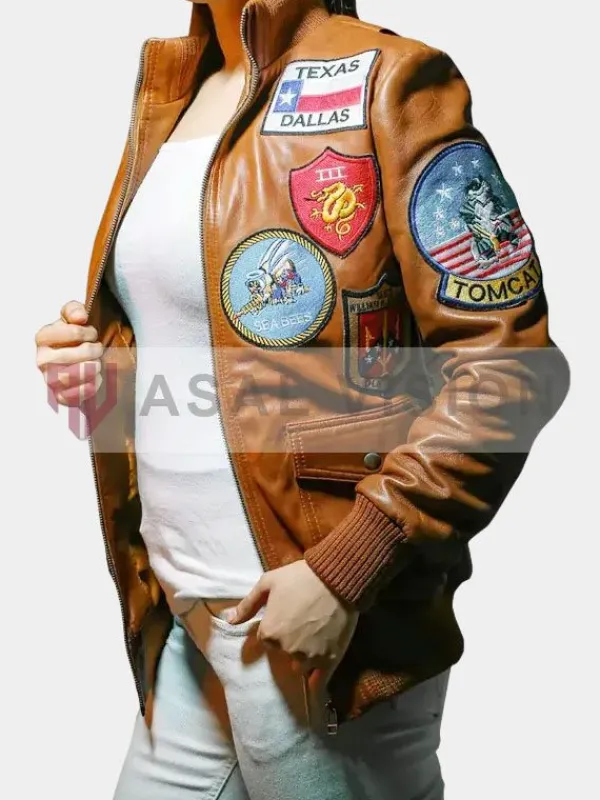 Asal Vision Brown Jackets | Leather Jackets | Womens Top Gun Patches Leather Jacket Brown