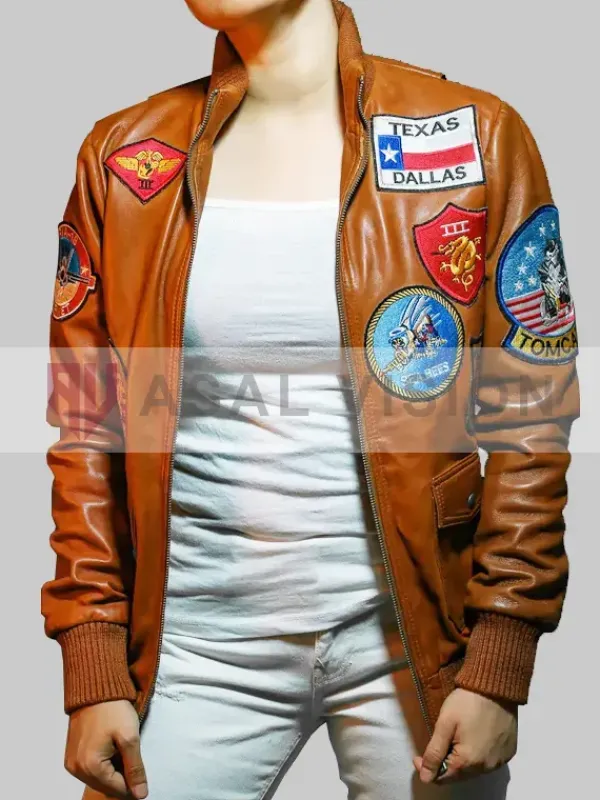 Asal Vision Brown Jackets | Leather Jackets | Womens Top Gun Patches Leather Jacket Brown
