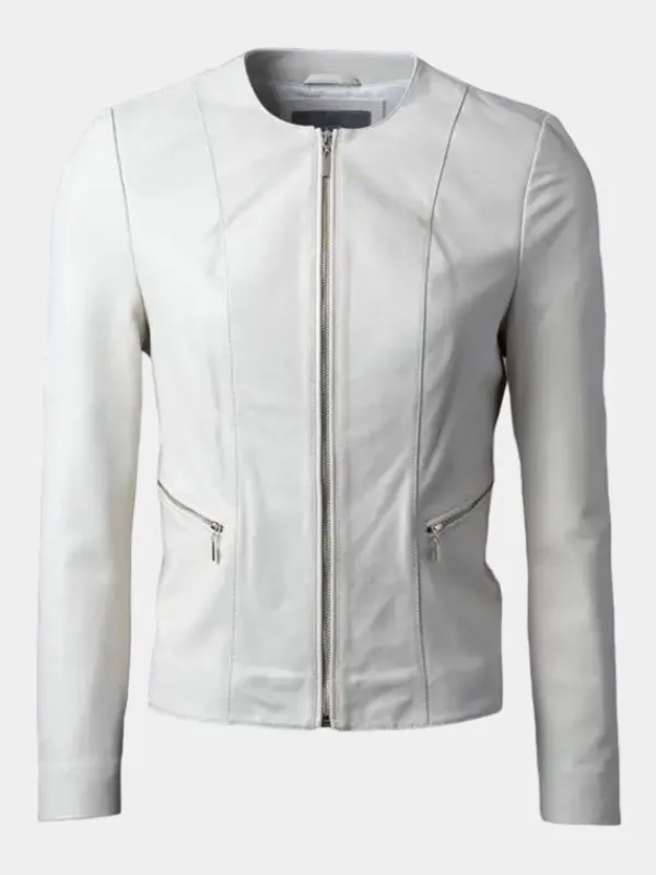 Asal Vision Leather Jackets | Women’s Collarless Leather Fashion Jacket White