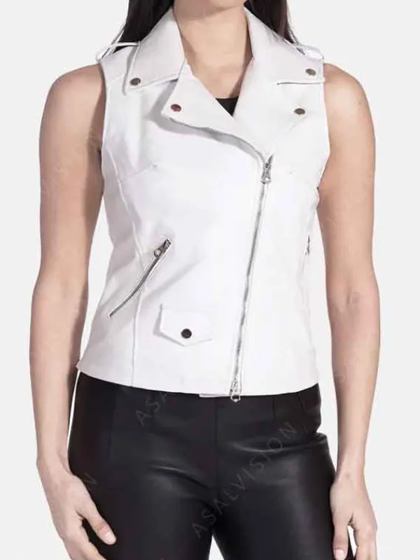 Asal Vision Vests | Biker Jackets | Womens Zipper Leather Vest White